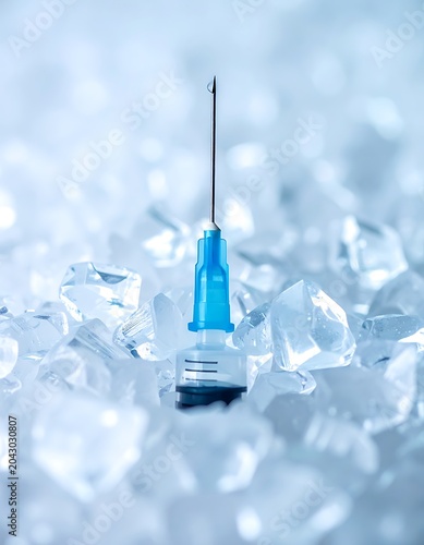 A syringe on ice cubes