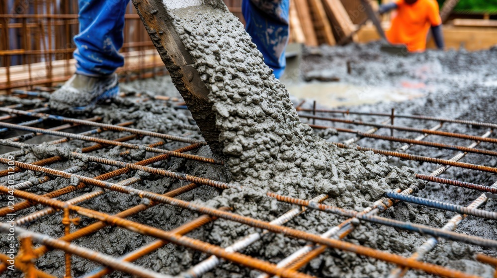 Naklejka premium Concrete Pouring Process at Construction Site with Workers Handling Equipment and Tools for Modern Building Project