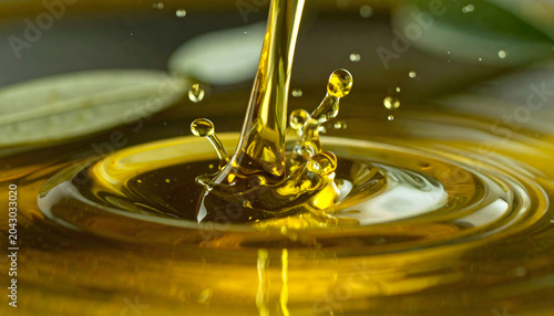 Olive oil pouring with macro splash rich golden texture healthy cooking ingredient close up
