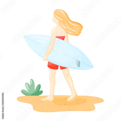 Girl Surfer Walking on Beach Holding Surfboard