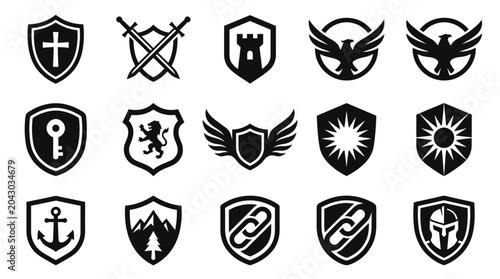 Set of Heraldic Shield Icons and Emblems