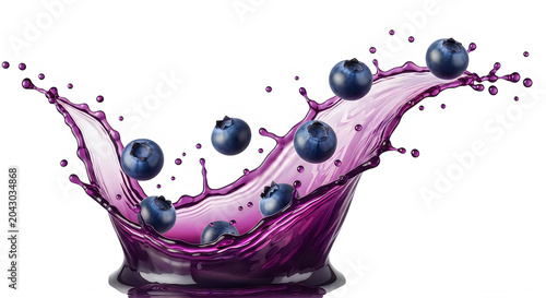 Blueberries isolated on transparent background with purple juice splash