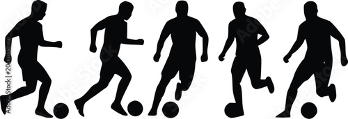 Dynamic black silhouette illustration of five soccer players in motion dribbling a ball
 Adobe Illustrator Artwork 