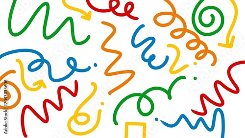Colorful hand-drawn doodle pattern with abstract wavy lines isolated on a white background.