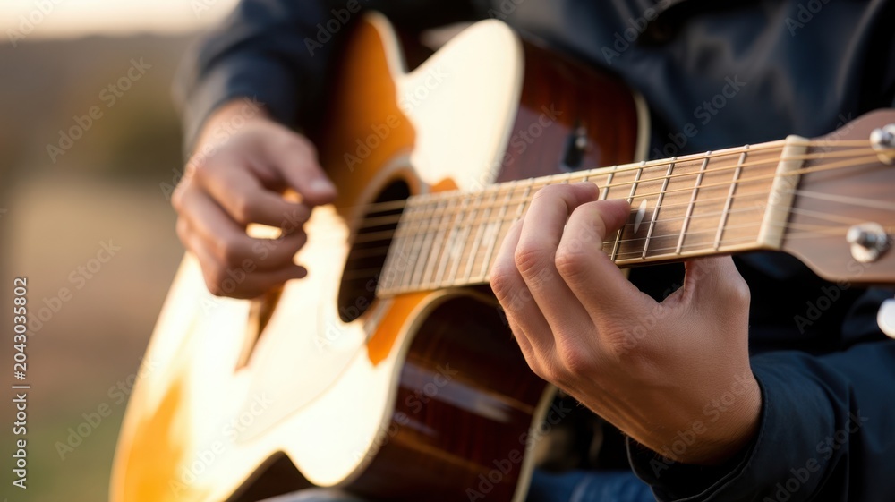 Obraz premium Close-up of hands playing acoustic guitar outdoors