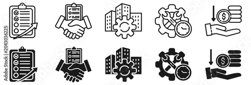Asset life cycle icon set. maintenance, and decommission symbol