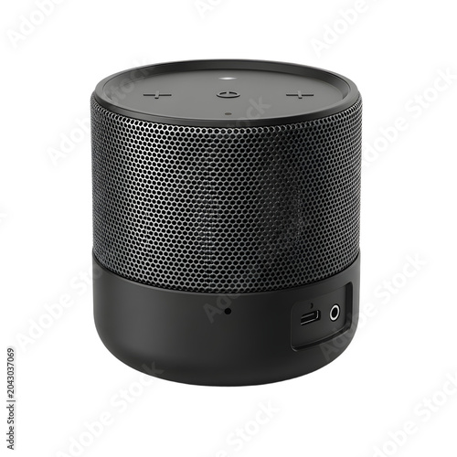 Black cylindrical smart speaker with perforated grill and top controls