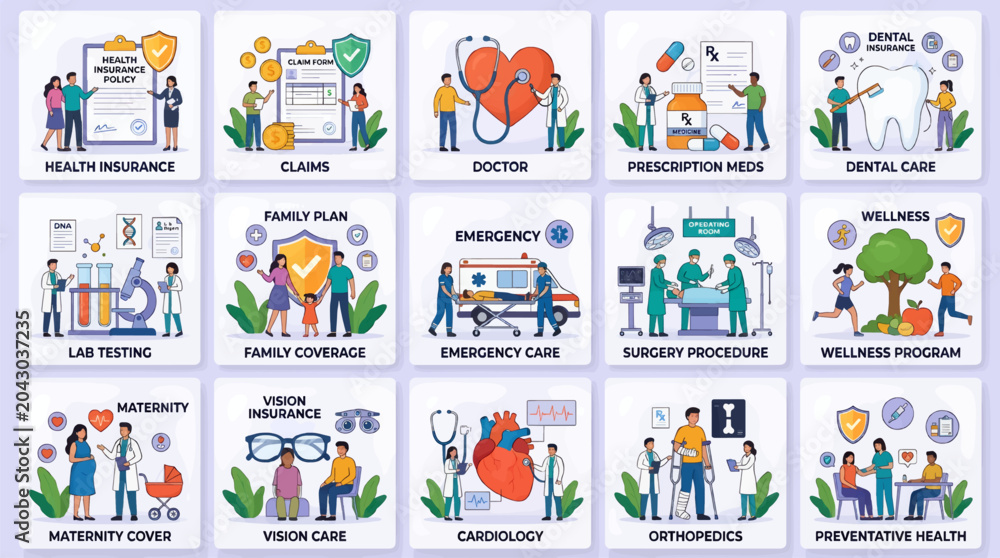 Fototapeta premium Set of fifteen flat vector illustrations depicting medical services, including health insurance, claims, doctor consultation, prescription meds, dental care, lab testing, family coverage, emergency