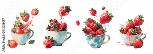 Φωτογραφία Fresh strawberries abundantly overflowing from different ceramic teacups in a vi