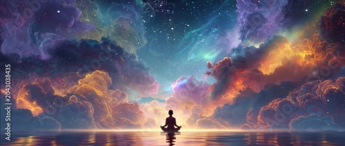Meditative Person Serenity, Calmness, Peace, Tranquility, Mindfulness in Colorful Cosmic Sky