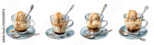 Canvastavla Four affogato cups, vanilla gelato melting into hot espresso, drizzled with cara