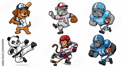 Canvas Print Collection of Six Cartoon Animal Athletes Playing Sports: Dog Baseball Player, B