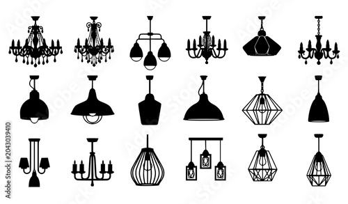 Elegant chandelier lamp silhouette vector set with vintage and modern lighting fixtures