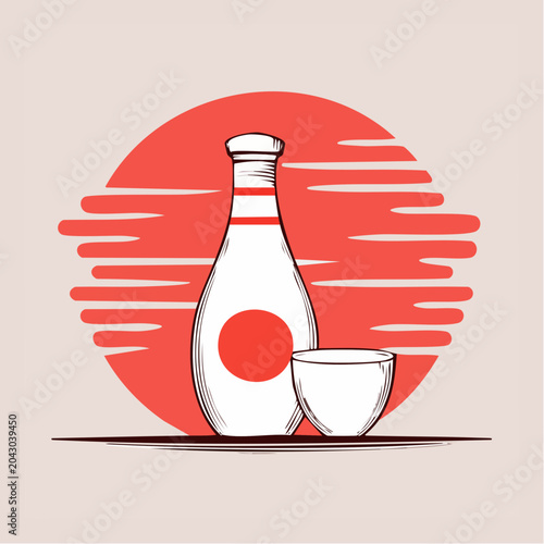 Sake Bottle and Cup with Japanese Sun Design