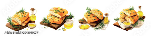 Foto Freshly baked focaccia bread watercolor illustration, highlighting mediterranean