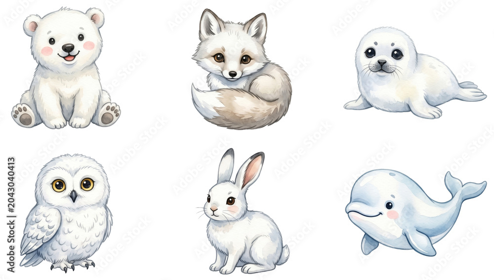 Naklejka premium cute polar animals bear fox seal and owl watercolor clipart set