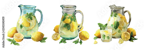 Foto Refreshing homemade lemonade with fresh lemons and mint leaves in three differen