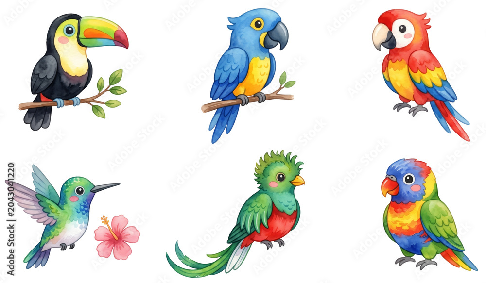Naklejka premium cute tropical birds parrot toucan and hummingbird watercolor clipart set