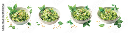 Foto Delicious basil pesto pasta fettuccine served in bowls, capturing the freshness