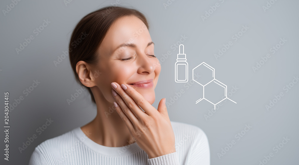 Obraz premium Relaxed woman applying skincare serum with chemical molecule formula icons on grey background.