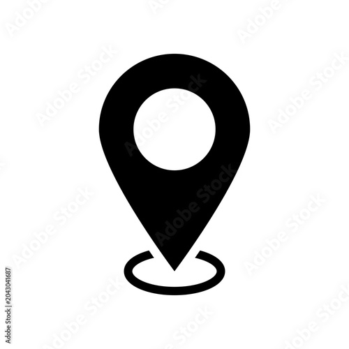 A solid black location pin icon with a circular base, representing a map marker or geographic position.