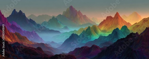 abstract surreal colorful mountain landscape in fog illustration
