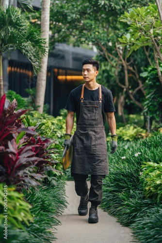 Young male gardener arranges plants along garden path with tools in hand Generative AI