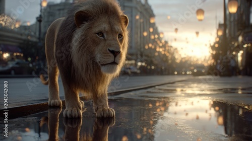 Lion walks on city street at dawn with lanterns reflecting in puddles Generative AI
