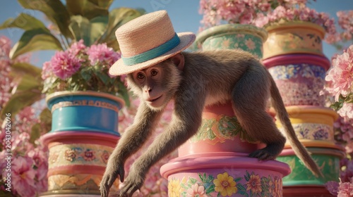 Monkey climbs colorful flower pots in a luxury villa garden with a funny hat Generative AI