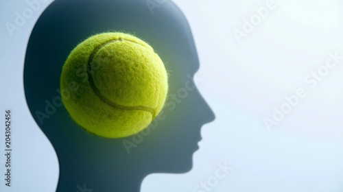 Silhouette of a human head with a tennis ball positioned near the ear, representing the concept of sports and mental focus in a minimalist artistic style