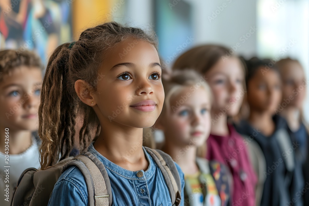 Fototapeta premium Young girl with a backpack stands in front of her classmates in a classroom setting.