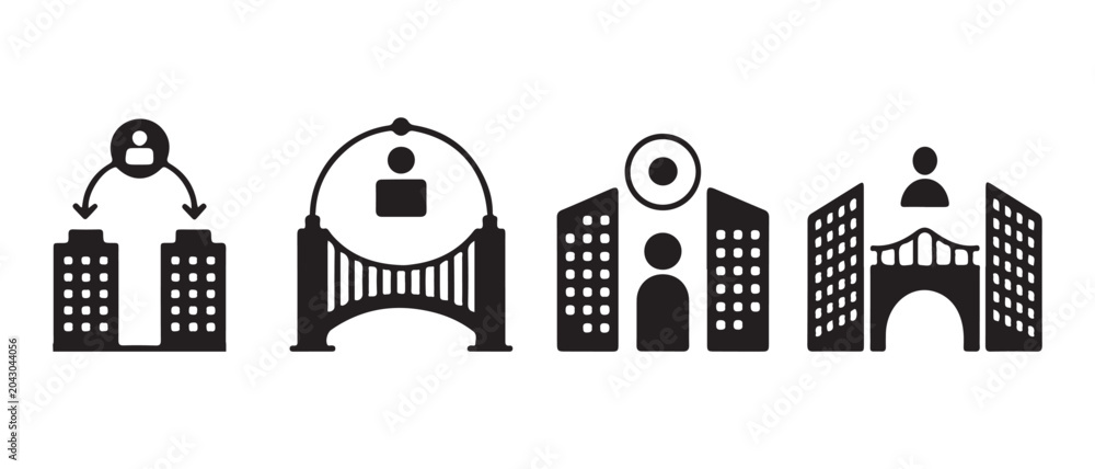 Fototapeta premium Set of Business and Architecture Icons Featuring People and Buildings in a Minimalist Flat Style.