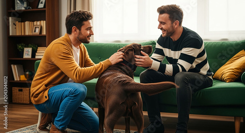 Two men interact affectionately with a dog on a green sofa, symbolizing companionship, home, and domestic bliss