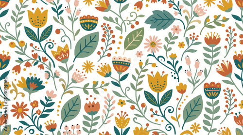 Konstfotografi Colorful botanical floral pattern featuring leaves and blooms for textiles