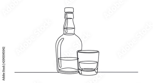 фотографія Whiskey bottle and glass on table.