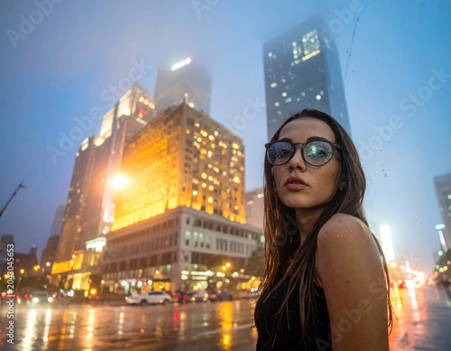 Portrait of a woman with glasses in a city street, rainy night