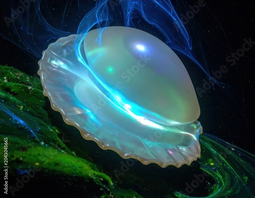 Glowing, iridescent seashell floats on alien moss amidst neon swirls