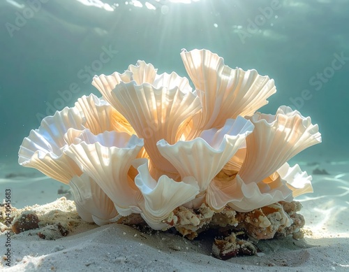 Underwater coral formation, sunlight piercing water, creating ethereal glow
