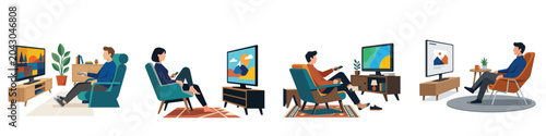 Photos Illustrations of diverse people relaxing and watching television at home in armchairs