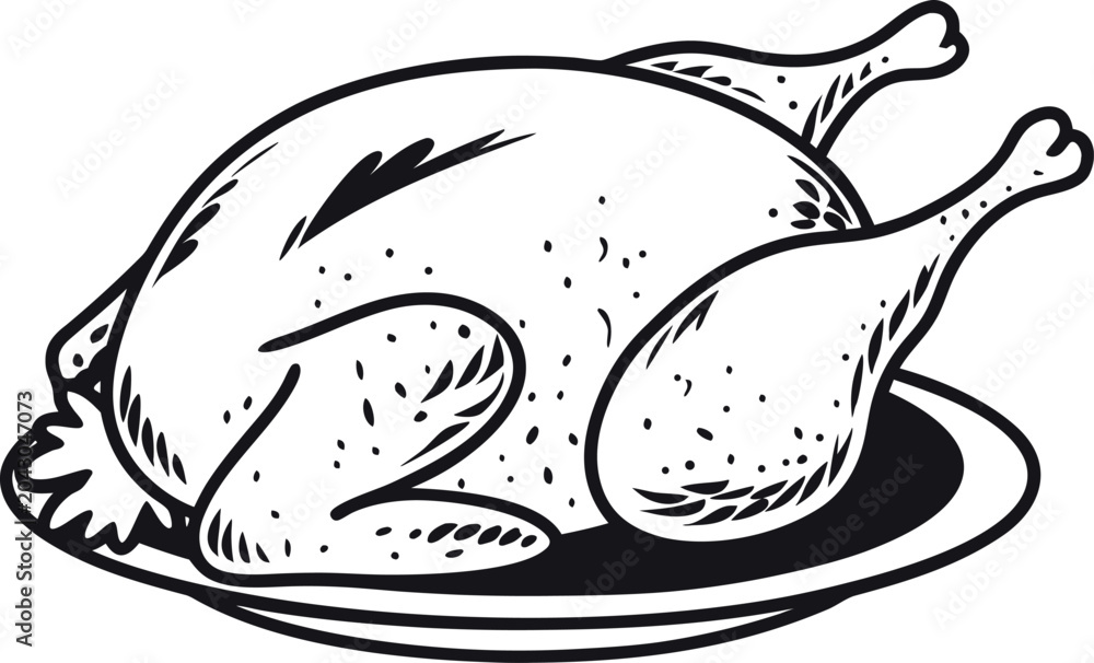 Fototapeta premium Whole Roast Chicken Vector Illustration – Poultry Food Line Art Graphic