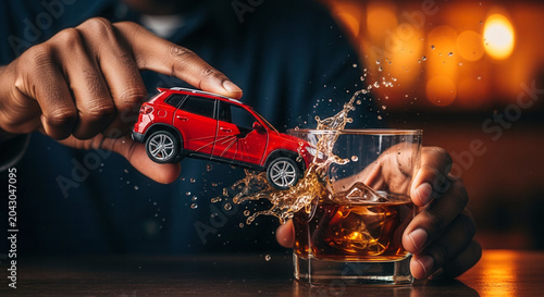 African-American man's hands crashing red toy car into whiskey glass with splash, symbolizing drunk driving dangers and accident risk in a bar.