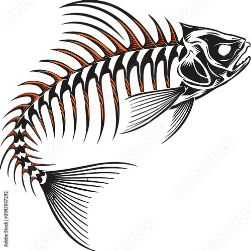 An artistic vector illustration of a stylized fish skeleton , featuring sharp black bones, orange highlights along the spine, and detailed fins against a light grey background.