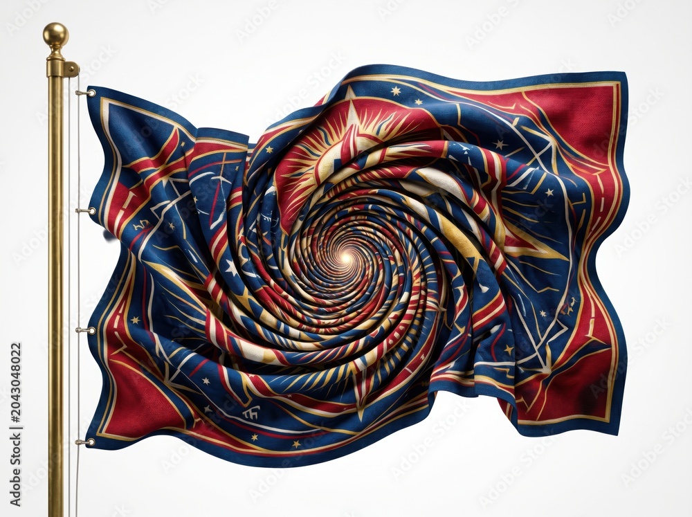 Obraz premium Multicolored swirl flag on a gold pole isolated on white background