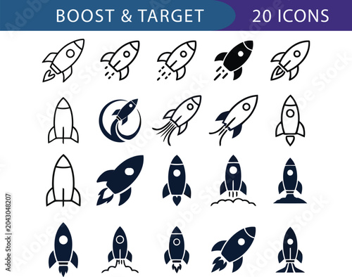 Fotografie Boost and Target Rocket Line Icons Set, Startup Growth and Business Success Vect
