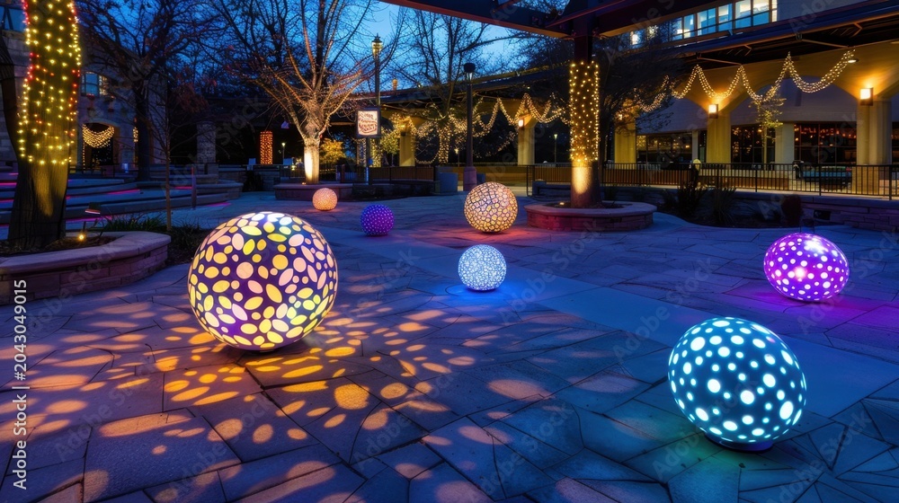 Obraz premium Colorful illuminated spheres creating enchanting ambiance in a festive urban setting during evening twilight
