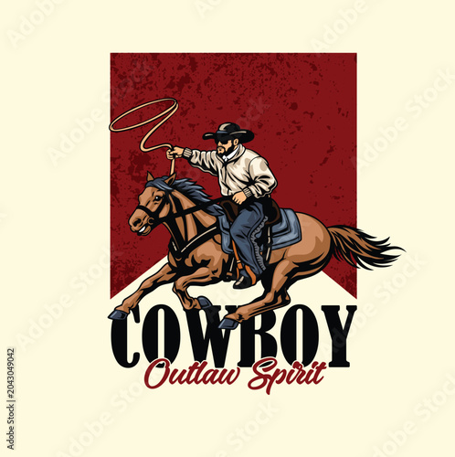 Quadro su tela Detailed retro illustration of a cowboy swinging a lasso on a galloping horse wi