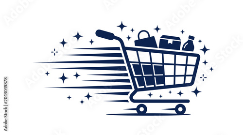 Fast Shopping Cart Icon with Bags and Boxes, Speed Lines and Stars