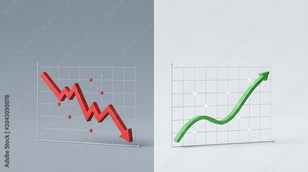 Fototapeta premium Recession versus growth split scene isolated on a clean white background