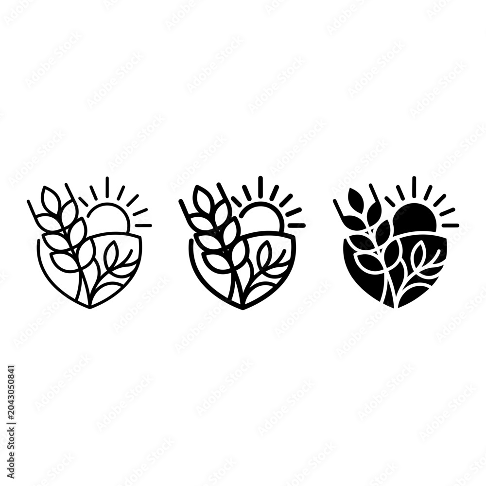 Fototapeta premium 3 Nature silhouette icons, leaf plant sun, eco solid black style, environmental conservation set