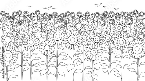 Sunflowers field coloring page for kids and adults with birds in the sky